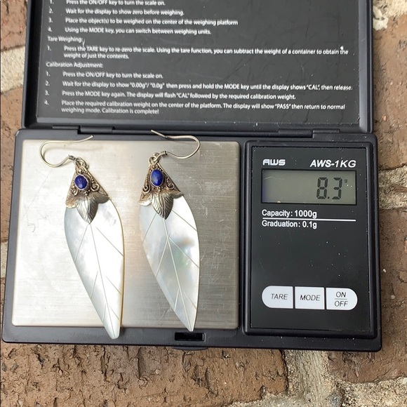 Vintage Sterling Silver Lapis & Mother of Pearl Feather Like Dangle Earrings - Picture 13 of 15